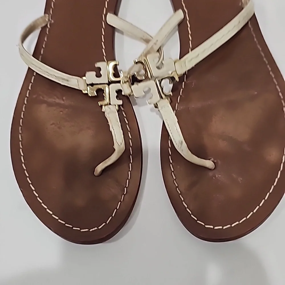 Tory Burch Thong Sandal Logo White Leather Size 8M flats